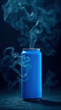 A vibrant blue, unbranded aluminum beverage can stands prominently against a dark, moody background, illuminated by subtle studio lighting. Dynamic wisps of ethereal light blue smoke or vapor curl dra