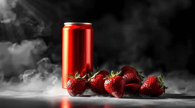 A visually striking still life composition features a vibrant, generic red beverage can standing prominently next to a delicious cluster of fresh, ripe strawberries. The scene is dramatically enhanced