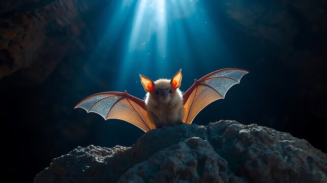 A Small Bat Spreading Its Wings Under Cinematic Cave Sunlight.
