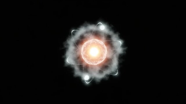 Abstract glowing atomic nucleus with orbiting electrons and energy field.