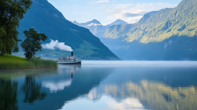 reamer. A small steamboat on a calm lake with smoke from its chimney and misty mountains in the distance. lifestyle magazines.