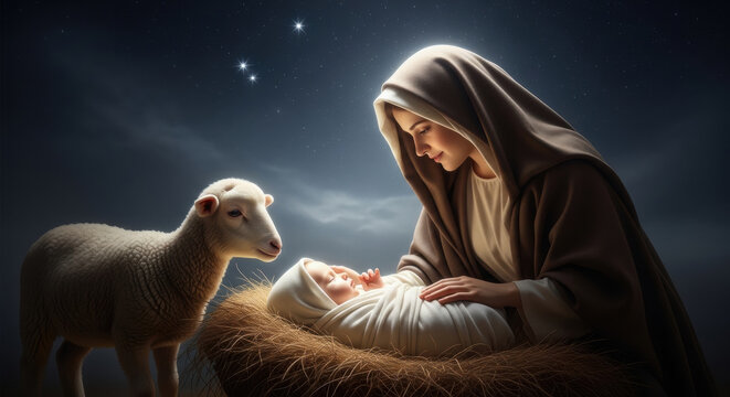 Mary, Joseph, and baby Jesus in manger with lamb at night