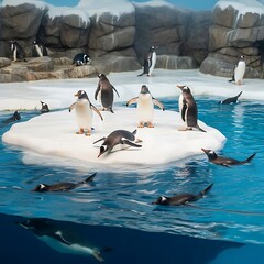 Obraz premium Penguins swimming and standing on ice in the water.