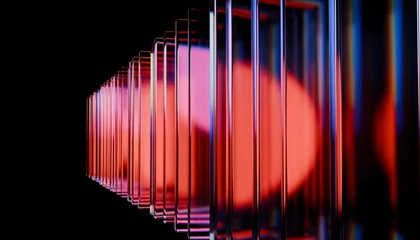 Fototapete Kunst Series of reflective glass panels with vibrant red and blue lights create futuristic and abstract visual effect  © BHP Studio