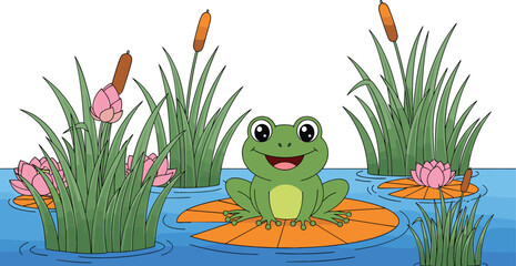 Fototapeta premium Cute frog sitting on lily pad in pond with reeds and lotus flowers cartoon nature vector illustration