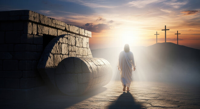 Jesus Christ walking towards Golgotha with crosses at sunset
