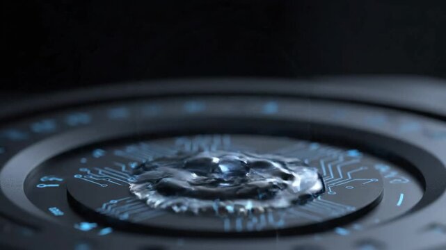 Liquid water drop falling and splashing on glowing digital circuit board