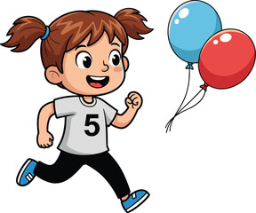 Cute little girl running with colorful balloons happy child activity cartoon character vector illustration