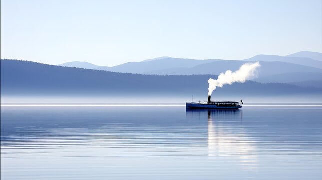 reamer. A small steamboat on a calm lake with smoke from its chimney and misty mountains in the distance. lifestyle magazines.
