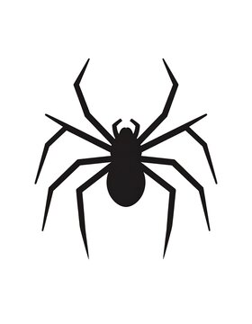 Black spider silhouette; oval body, eight angular legs spread equally on white background