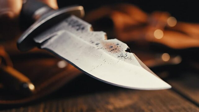 Close-up of a rustic, handmade knife with a unique, textured blade resting on a wooden surface.