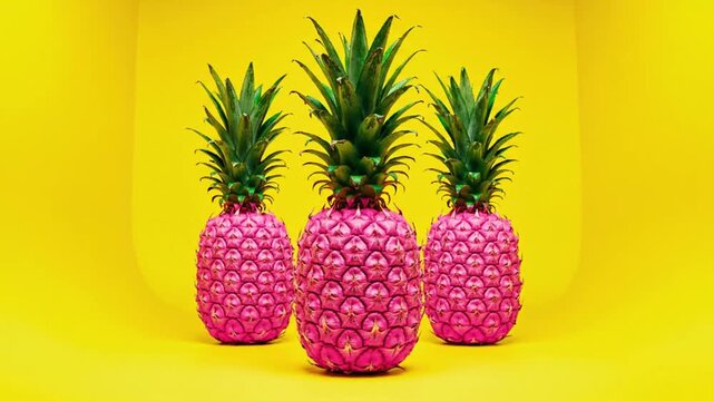 Three vibrant pink pineapples with lush green crowns stand out against a sunny yellow background