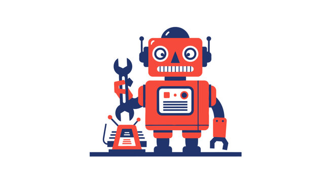 Futuristic Service Robot Vector Illustration with Tools and Digital Screen