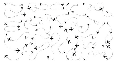 Airplane Flight Routes with Location Pins and Dashed Travel Path. Airplane Flight Route Dotted Line. Travel Journey Concept with Airplane Routes and Location Pin Icons. vector illustration. © Mst