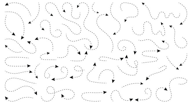 Large collection of hand drawn curve dotted line arrow set. Hand drawn line doodle arrow, curve arrow icon vector. Sketch curved dashed arrows design. Vector illustration	