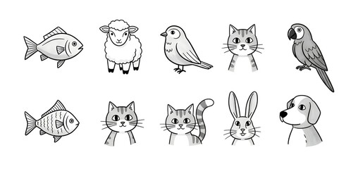 Obraz premium Charming monochrome sketch collection featuring diverse animal portraits, including fish, sheep, birds, cats, a parrot, and a rabbit, presented in a playful, illustrative style.