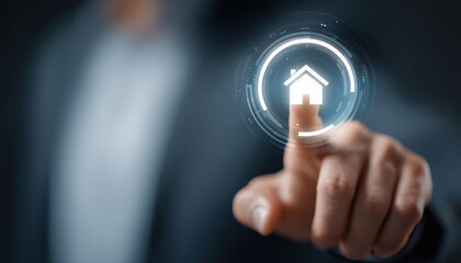 Fototapeta premium Businessman Utilizing Technology To Assess Property Values By Pressing A Button On Virtual Screens In The Internet Business World.