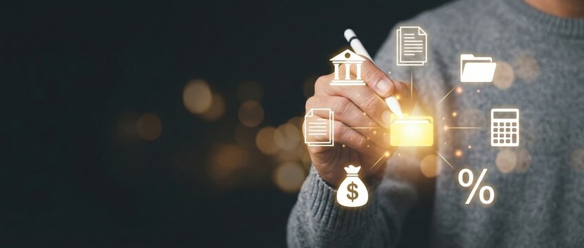 Financial technology innovations in business digital banking services interactive graphics modern office close-up viewpoint conceptual financial management tools