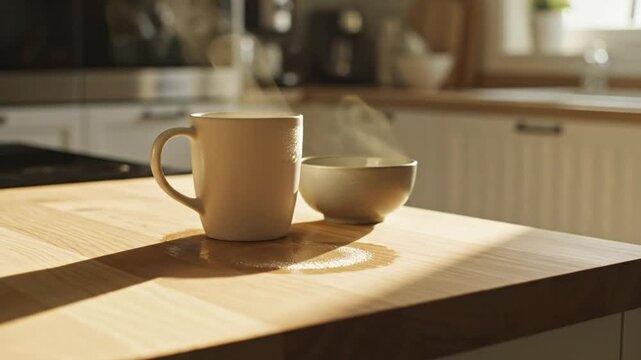 Morning kitchen scene with steam rising from a mug and bowl on a wooden countertop