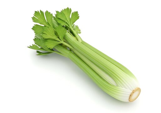 A green stalk of celery with leafy greens on top