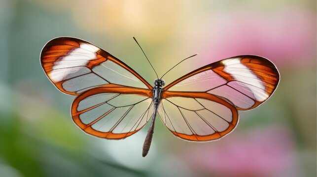 Detailed macro view of a transparent glasswing butterfly with orange and white patterned wings against a soft, blurred background.
