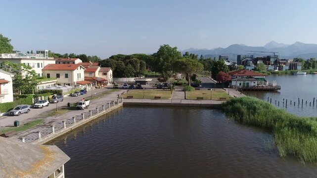 Aerial view of Torre del Lago Puccini on Lake Massaciuccoli, Viareggio, Province of Lucca, Tuscany, Italy