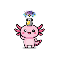 Obraz premium Cute pink axolotl lifting dumbbell.