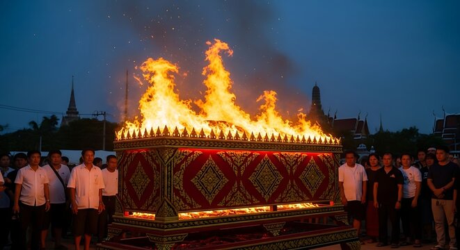 Funeral pyre ablaze with flames and mourners gathered around.