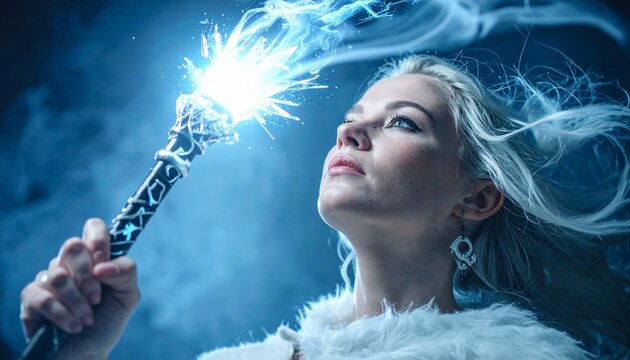 杖を持った女性魔法使いが氷魔法を杖から繰り出している写真