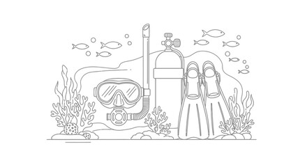 Underwater scene with scuba diving equipment and marine life. © ahmad