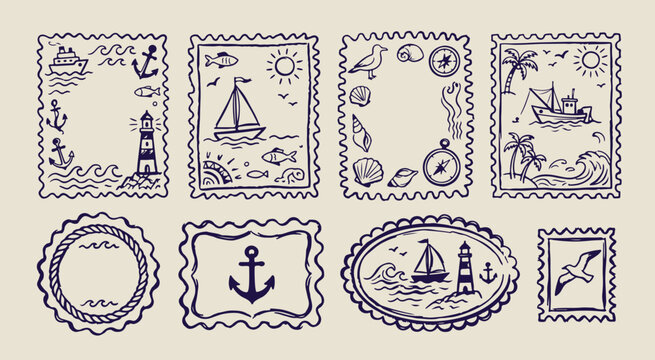 nautical marine sailing patterns, hand drawn ocean voyage, creative maritime travel illustration, decorative anchor and ship graphics, sketchy sea exploration symbols, organic lighthouse beach line ar