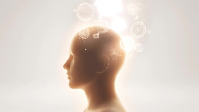 A silhouette of a human head with floating glowing icons including a lightbulb, clock, book, and compass, representing intelligence, creativity, and strategic thinking.