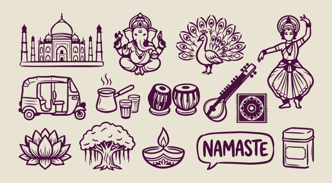indian culture diwali symbols, hand drawn ganesha illustration, creative traditional festival graphics, decorative peacock and tabla elements, sketchy namaste greeting symbols, organic spiritual hindu