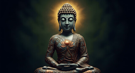 Obraz premium Intricate buddha statue floral engraving lotus design meditation zen spiritual peace enlightenment divine light dark green background