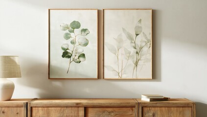Minimalist interior with two botanical prints above a wooden console table, accompanied by a lamp and books, showcasing natural and rustic decor elements.