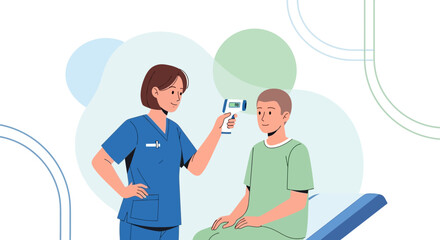 Fototapeta premium Nurse measures patient's temperature with infrared thermometer, health check concept