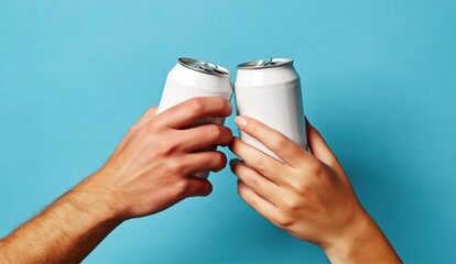 Two hands holding and clinking blank white aluminum cans against a blue background.