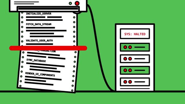 Computer server system encounters a critical error and halts operation during automated data processing