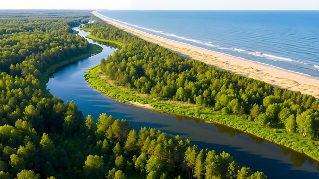 Aerial view of a river winding through a lush forest towards the sea.