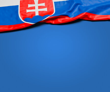 The wrinkled flag of Slovakia draped onto a flat blue background with shadow. Copy space for message