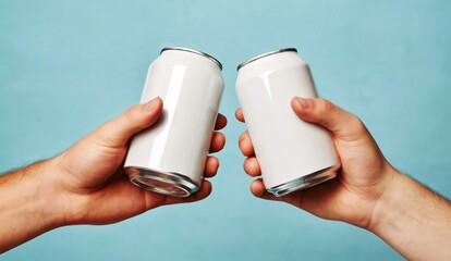 Two hands are holding plain white aluminum cans, clinking them together against a light blue background.