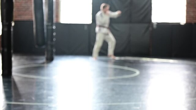 Martial arts kimono Gi jiujitsu karate, martial artist practicing striking traditional, brown  belt, blurred out background video, selective focus cinematic, gym setting