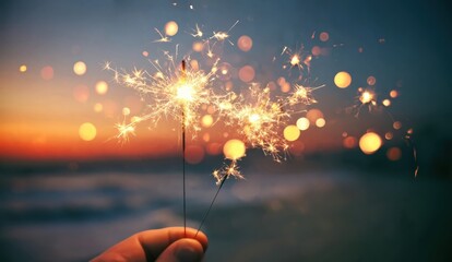 A hand holds three sparklers glowing brightly against a blurred sunset background with bokeh light effects.