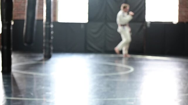 Martial arts kimono Gi jiujitsu karate, martial artist practicing striking traditional, brown  belt, blurred out background video, selective focus cinematic, gym setting