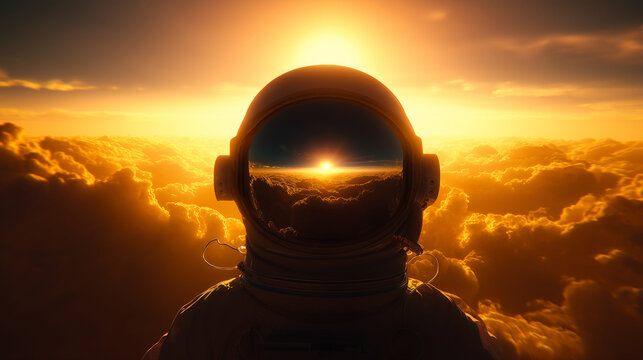 Cinematic Astronaut in Glowing Sky with Cosmic Reflection, Space Fantasy, Golden Cloudscape, Sunset Horizon, Sci Fi Aerospace Adventure and Futuristic Universe Conceptcinematic ast