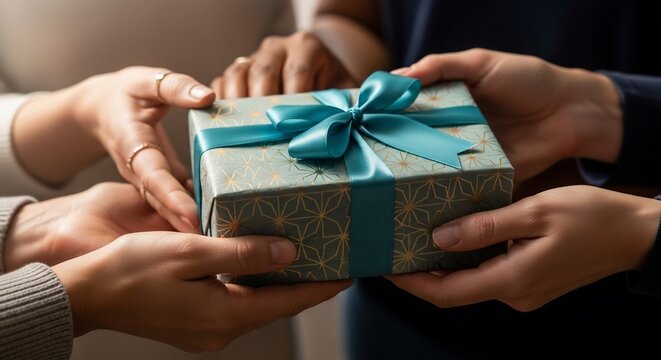 Close-up of multiple hands exchanging a beautifully wrapped gift box with a teal ribbon, symbolizing generosity and connection.