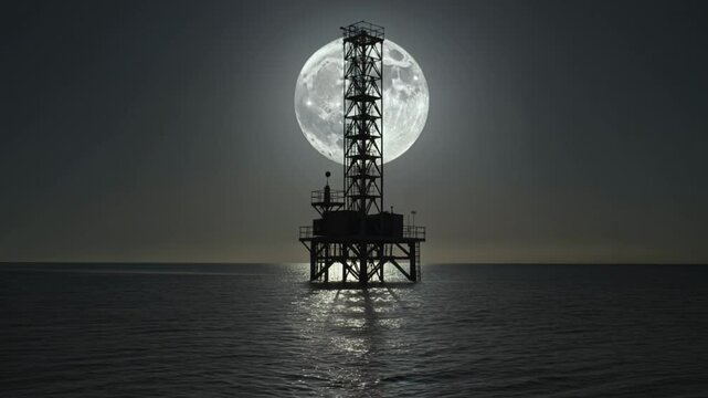 Symmetrical industrial silhouette looms against a colossal lunar disk to emphasize the relentless pace of deep-sea mining and global resource dependency under the cover of darkness.