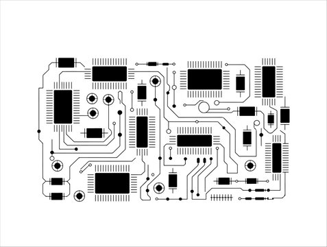 Stylized PCB layout silhouette with ICs, resistors, capacitors, and traces for electronics design
