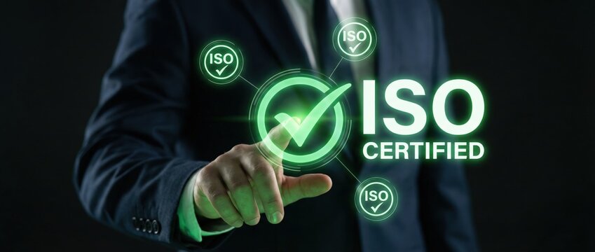 Iso certification process explained business sector informative graphic content dark background professional viewpoint quality assurance concept for enhanced credibility