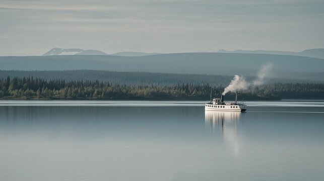reamer. A small steamboat on a calm lake with smoke from its chimney and misty mountains in the distance. lifestyle magazines.